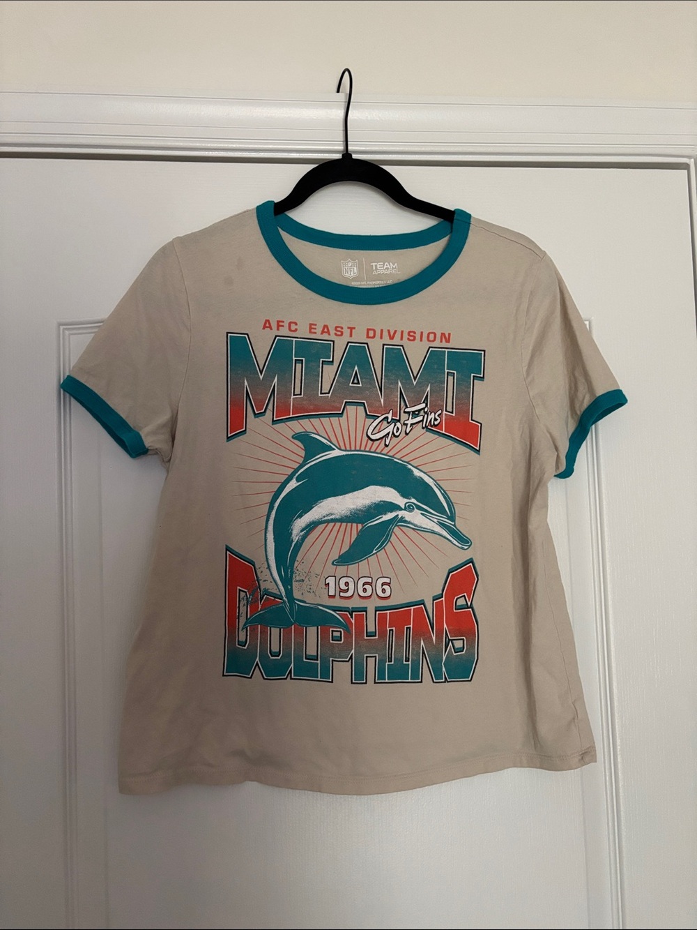 NFL Miami Dolphins Graphic Ringer Tee - Teal Trim on Cream
